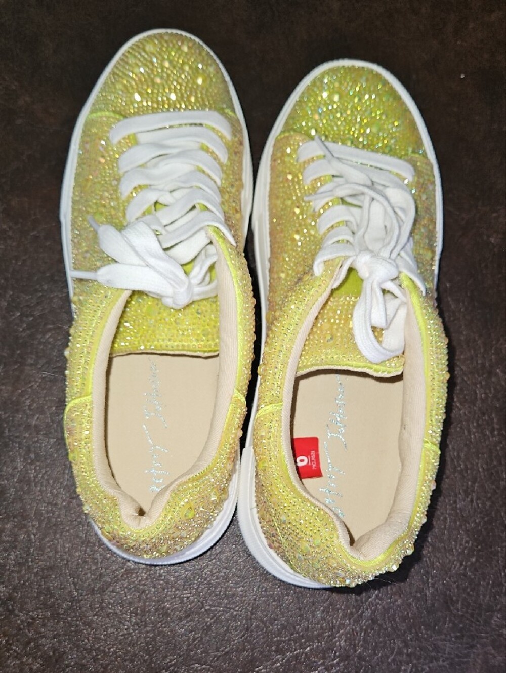 Betsey Johnson Sidny Bright Citron Yellow Crystal Embellished Platform Sneakers - Picture 6 of 11